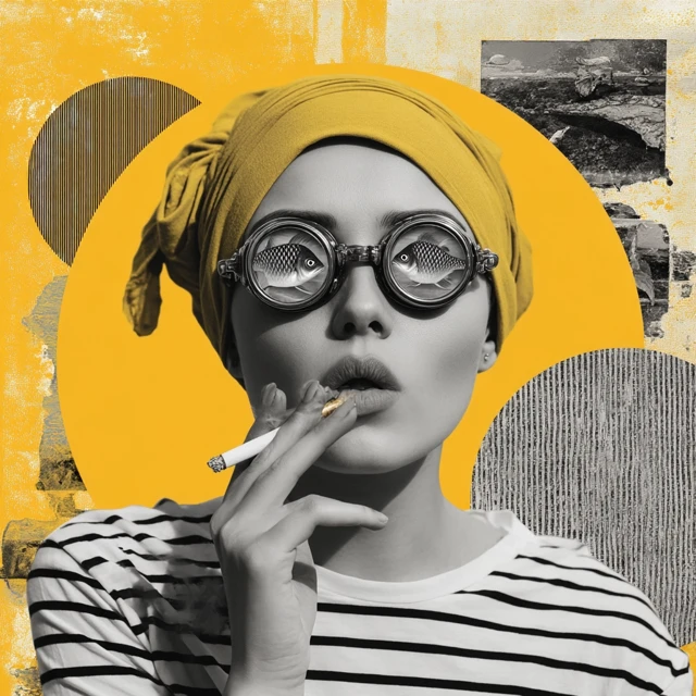 Surreal Portrait Girl with Fish Eyes and Cigarette