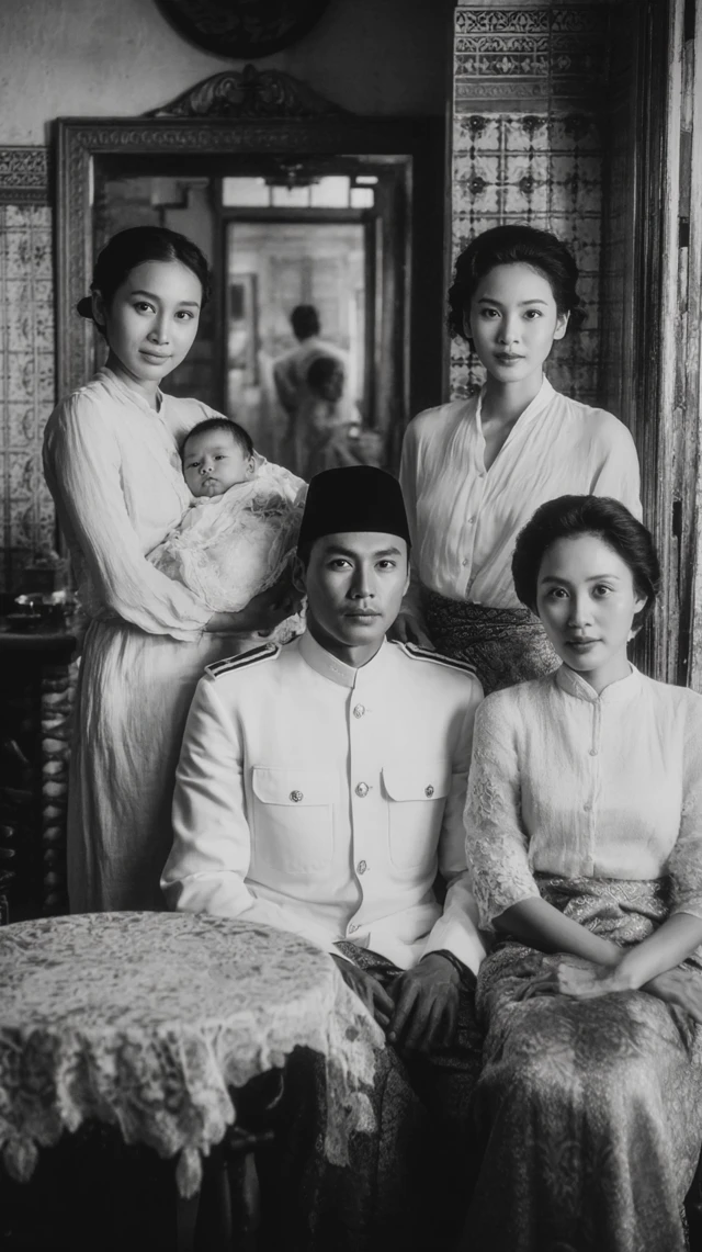 1940s Southeast Asian Family Portrait Black and White