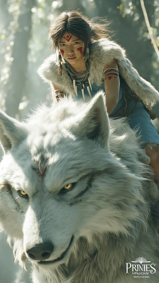 Japanese Girl on a Wolf in Mystical Forest Photo