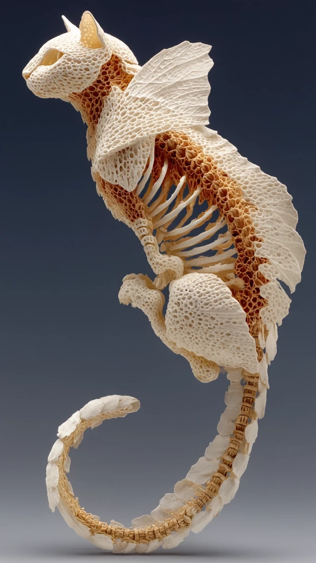 Bone Cat Sculpture: Elongated Tail Porcelain Art