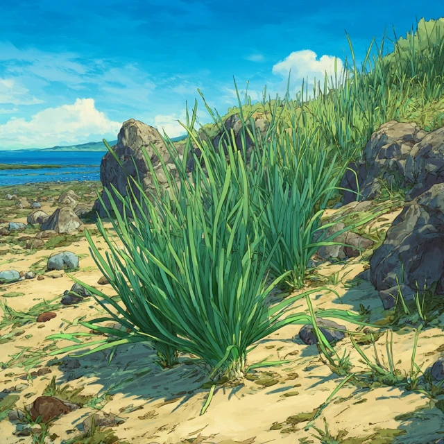 Anime Art Coastal Scene Leek Plants and Sea