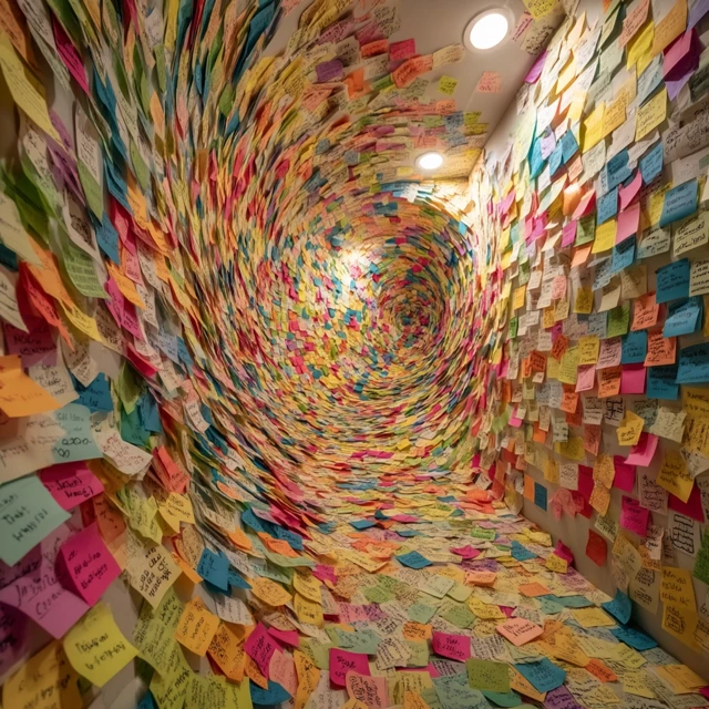 Sticky Note Swirl: Chaotic Art in a Workspace