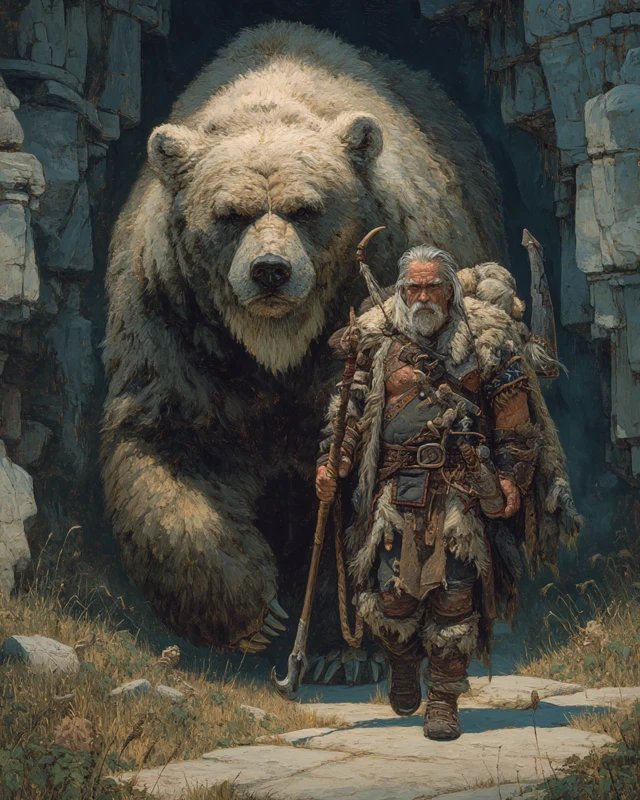 Barbarian and Cave Bear Epic Oil Painting