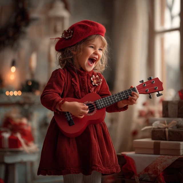 Cute Girl in Red Playing Guitar at Christmas