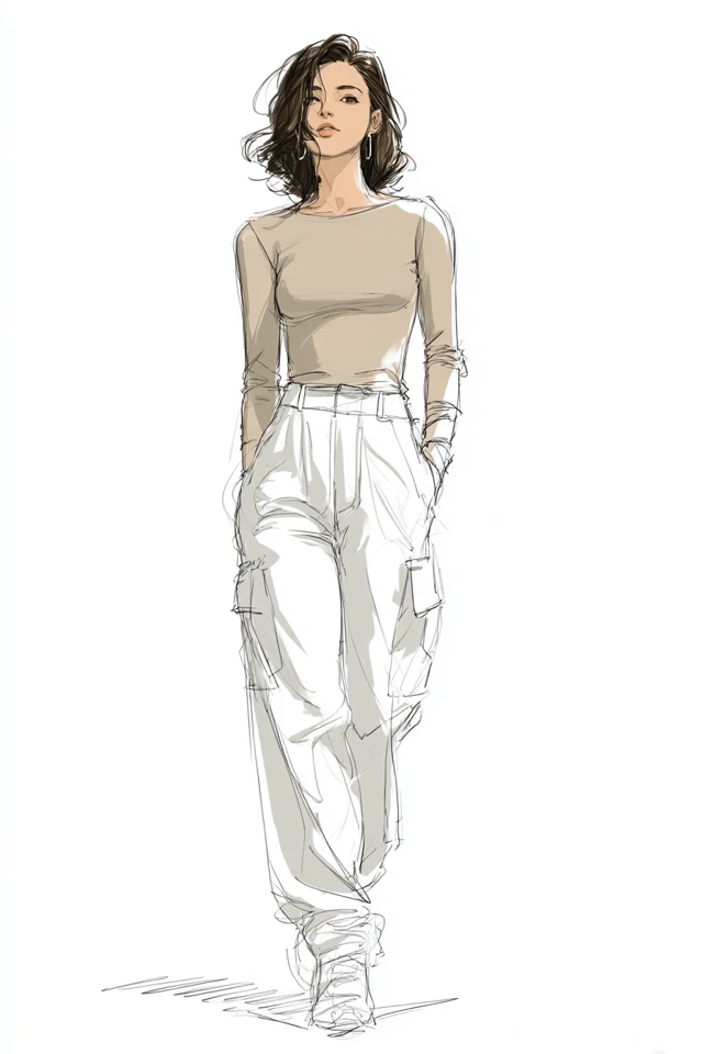 Fashion Sketch: Woman in Top and Cargo Pants