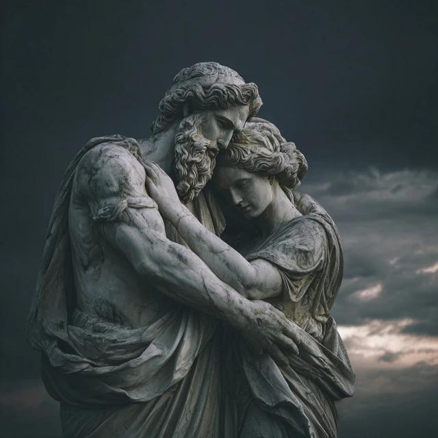 Greek God and Goddess Statue Embrace Dramatic Art