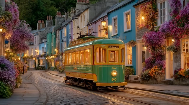 Historic Tram in Golden Light Street Photography