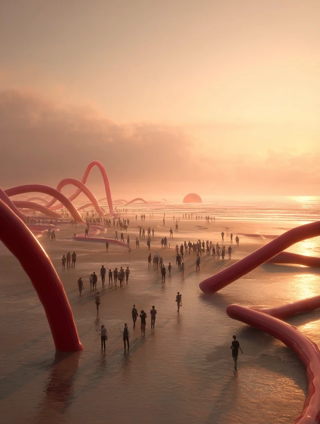 Beach Installation Art Sunset Dreamlike Atmosphere