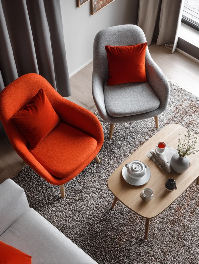 Scandinavian Living Room Design Colorful Rug High Angle