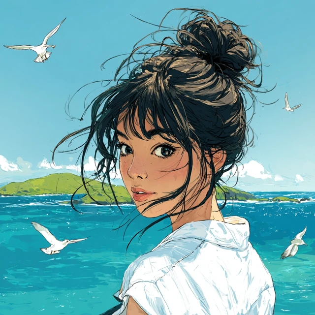 Young Woman by the Sea Hand Drawn Illustration