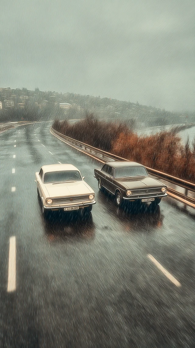 Soviet Sedans Race Across Eastern European Highway