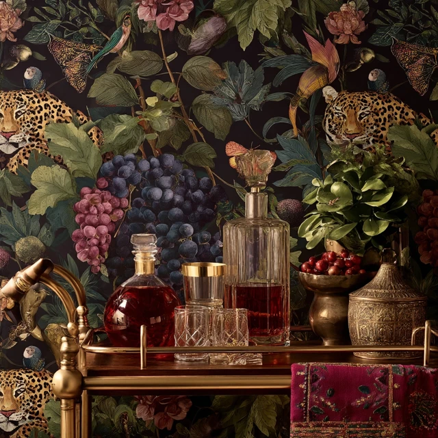 Bohemian Luxe Bar Cart Tropical Wallpaper Interior Design