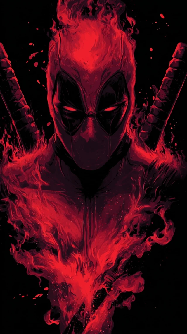 Deadpool Digital Art Fiery Red with Katanas