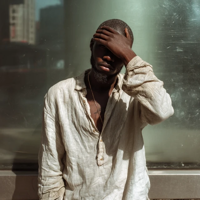 Street Portrait Man Shielding Eyes Sunlight