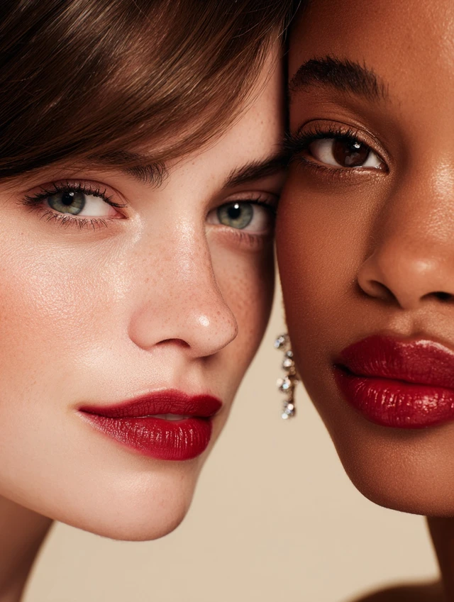 Models with Red Lipstick Makeup Close Up