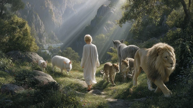 Childs Peaceful Walk with Animals in Harmony