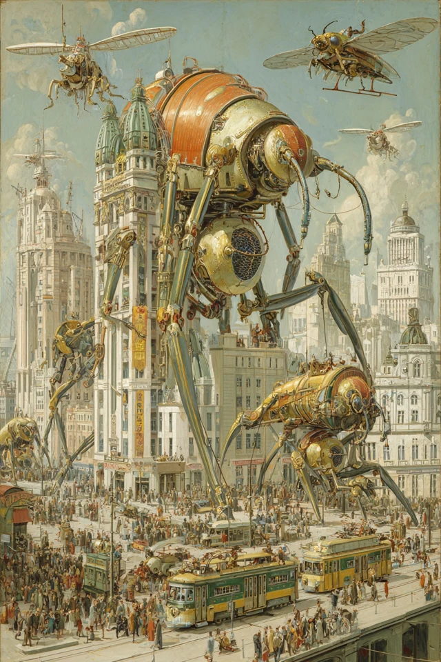 Surreal City of Mechanical Insect Robots