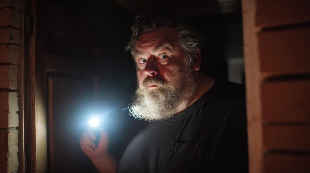 Man with Flashlight Investigating Cellar at Night