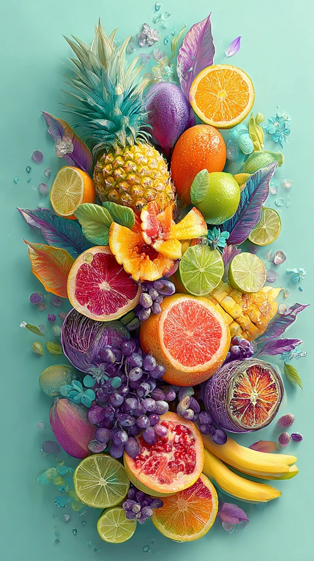Colorful Fruit Burst Pineapple Orange Lemon Grapes