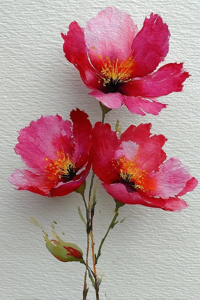 Watercolor Flowers Painting: Red Blooms, Messy Style