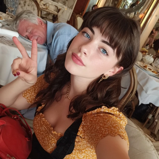 Waitress Selfie with Old Woman in Background Restaurant