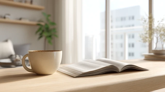 Japandi Room with Coffee Cup and Open Book