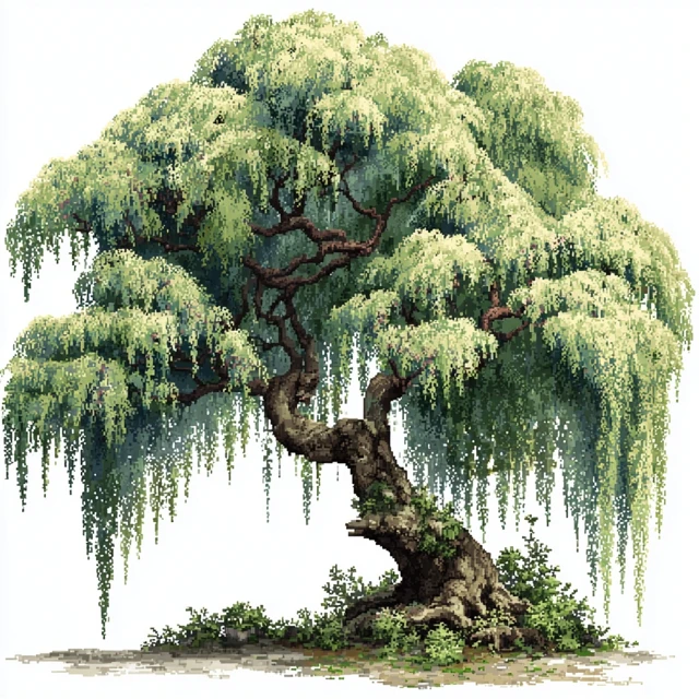Pixel Art Weeping Willow Tree Isolated on White