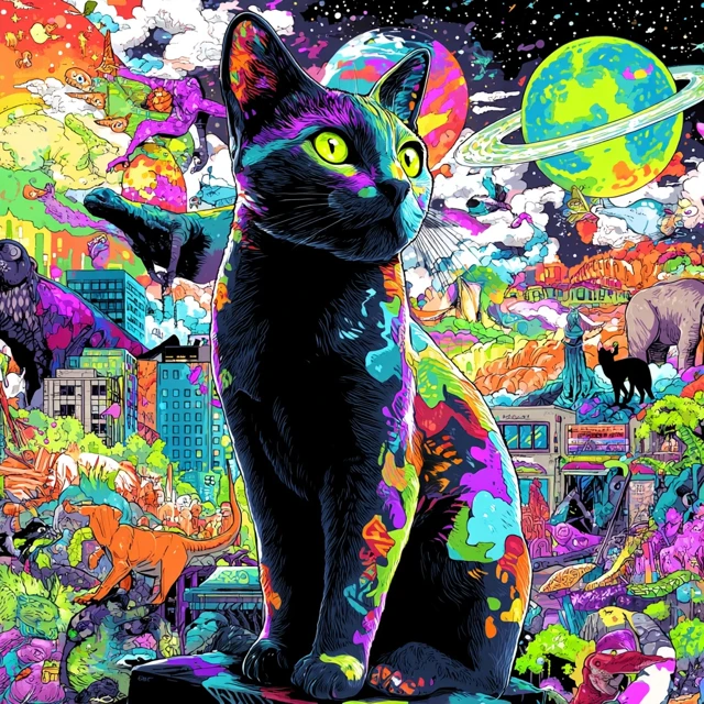 Colorful Cat Art Artistic Black Background
