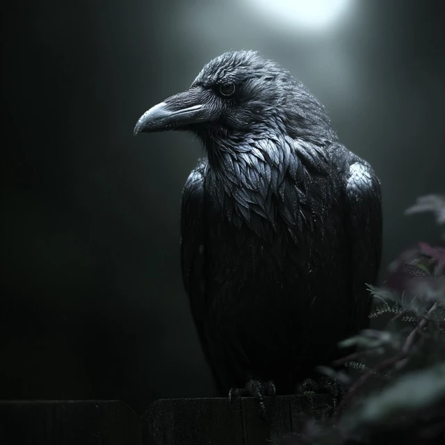 Black Crow Perched on Fence in Dark Scene