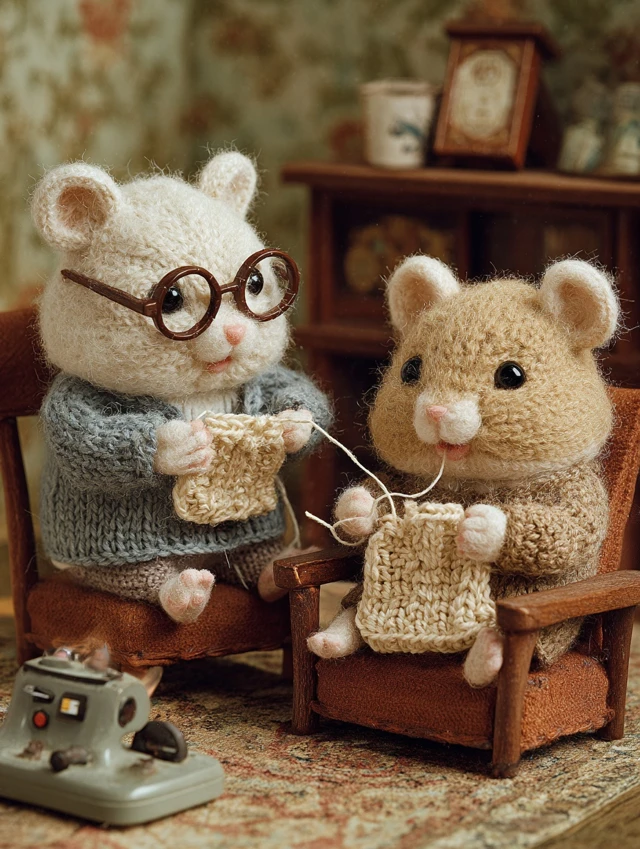 Cute Hamsters Crocheting Vintage Photograph