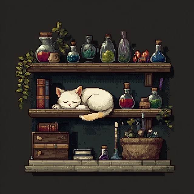 Pixel Art Cat Sleeping Fantasy Shelf Scene