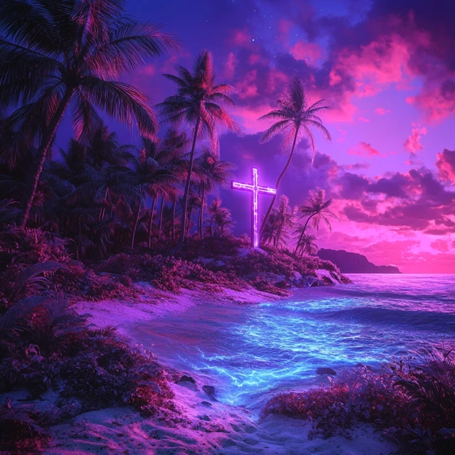 Electrified Beach with a Cross Ultra Realistic 8k Image