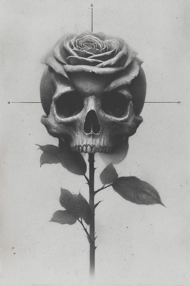 Skull and Rose Art Minimalism Inspired by Michelangelo