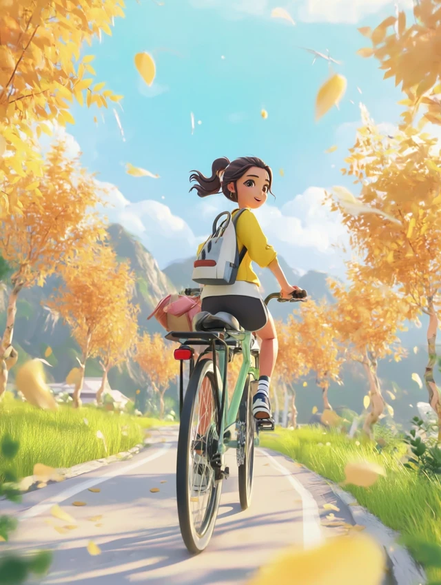 Girl Riding Bike Autumn Scene Illustration