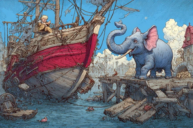 Cartoon Elephant on Sinking Ship