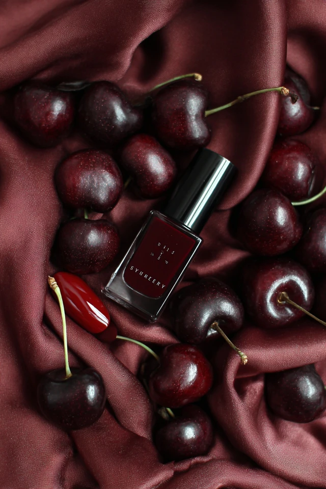 Cherry Flatlay Dark Cherries Satin Fabric Red Nails