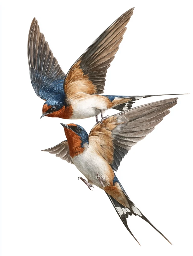 Barn Swallows in Flight Photorealistic Illustration