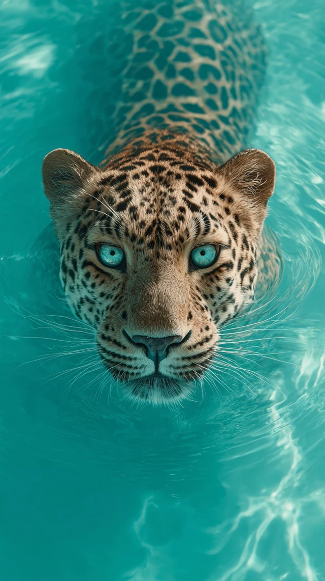 Leopard Swimming in Turquoise Water