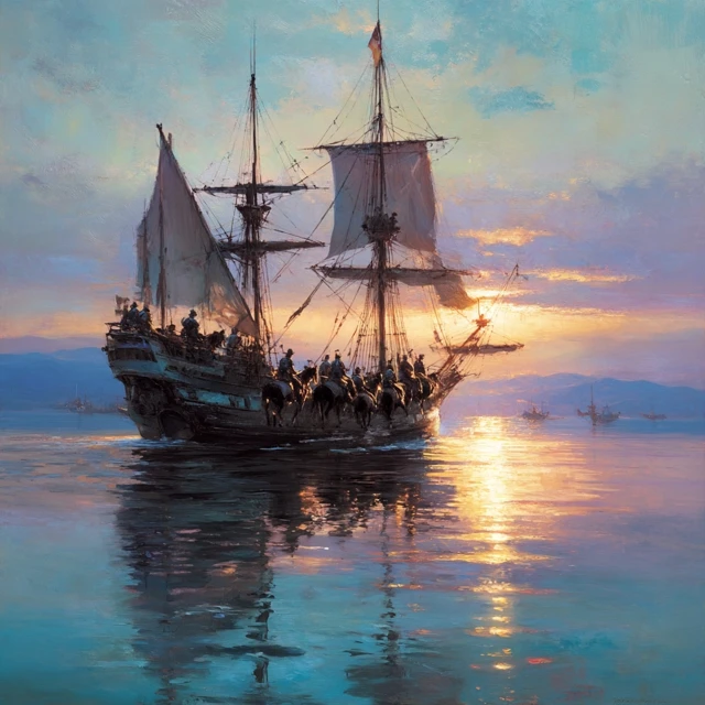 Spanish Ship Sailing at Sunrise Art Inspired by John Berkey