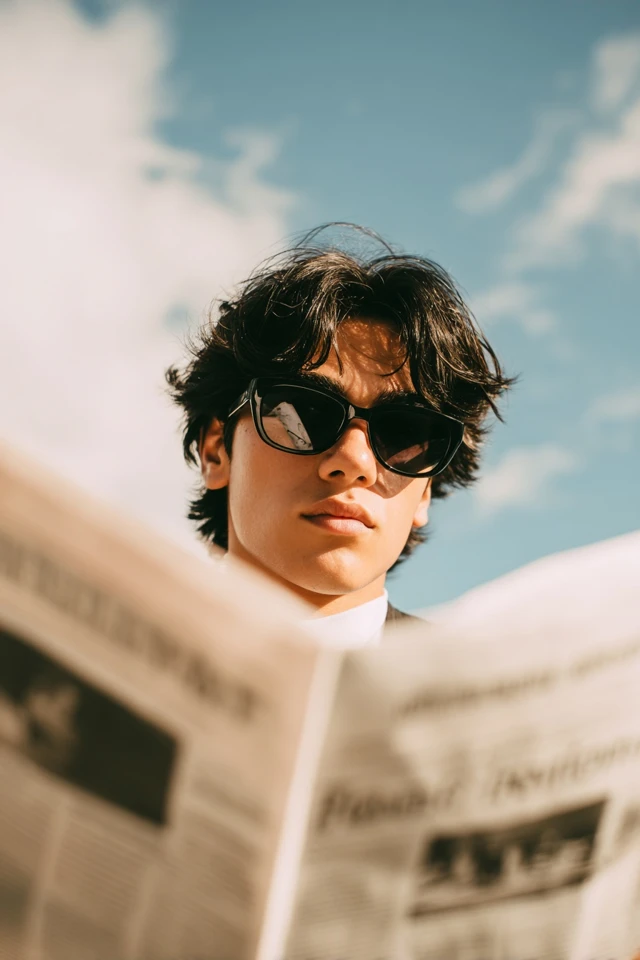 Stylish Man in Sunglasses Reading Newspaper