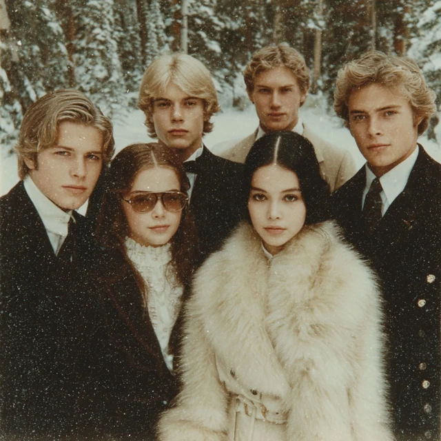 1970s Group Portrait in Snowy Woods