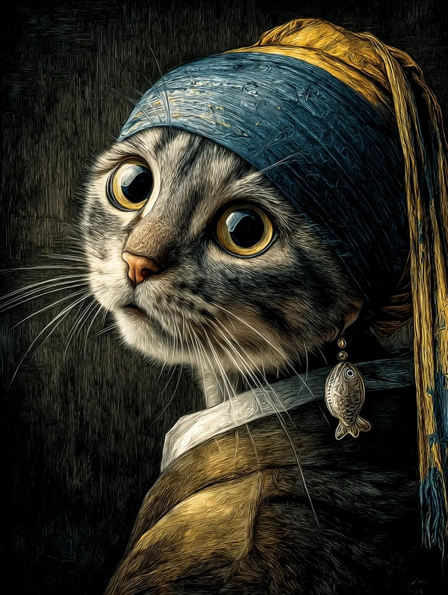 Cat with a Fish Earring Vermeer Parody Art