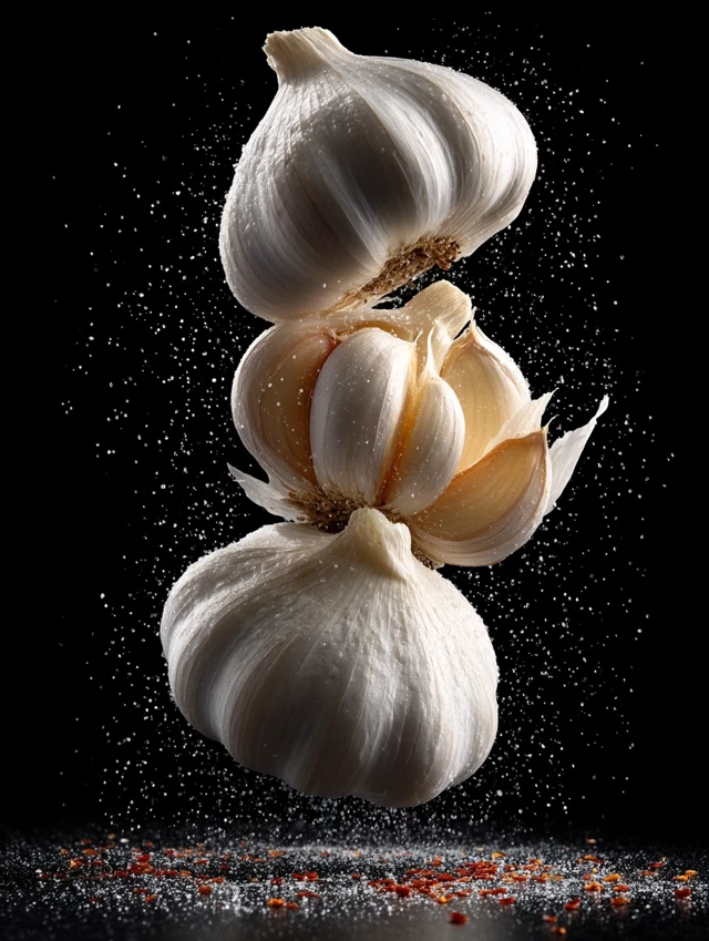 Garlic Cloves in Mid Air Food Photography