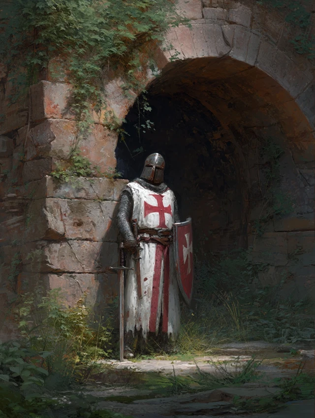 Lone Templar Knight Guarding Ancient Ruins
