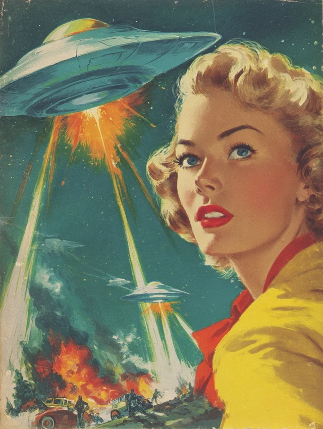 Retro SciFi Cover Art UFO and Woman