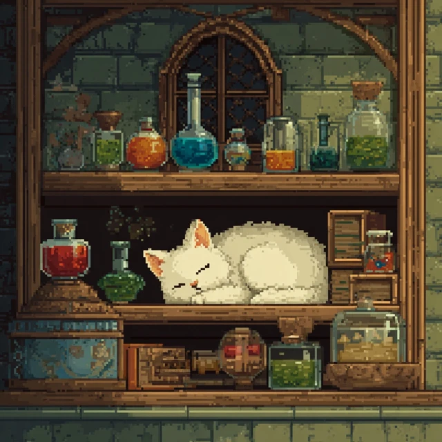 Pixel Art Cat Sleeping Fantasy Shelf Scene