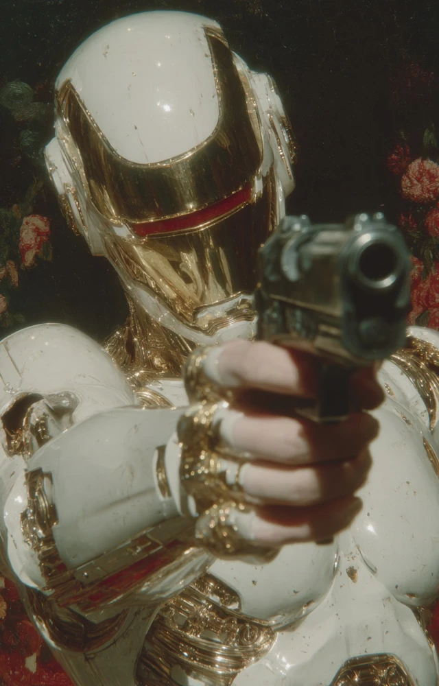 Cyberpunk Robot Warrior Pointing Gun