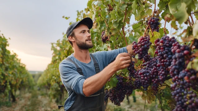 Man Harvesting Grapes in Vineyard at Sunset