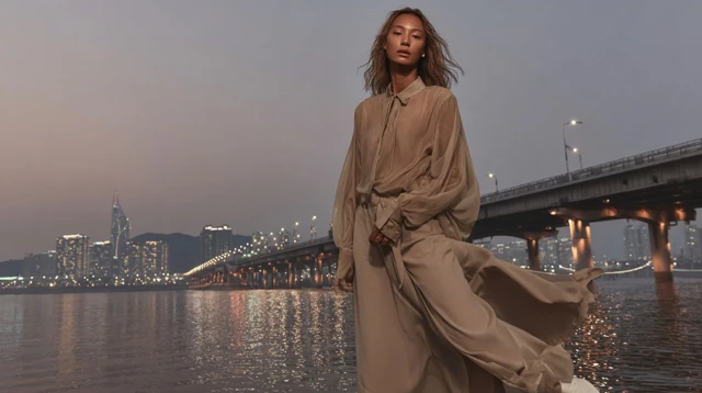 Fashion Photo Model in Seoul Han River at Twilight