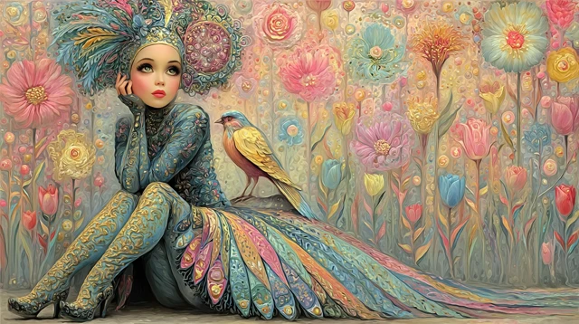 Whimsical Art Deco Dreamscape Little Girl Bird